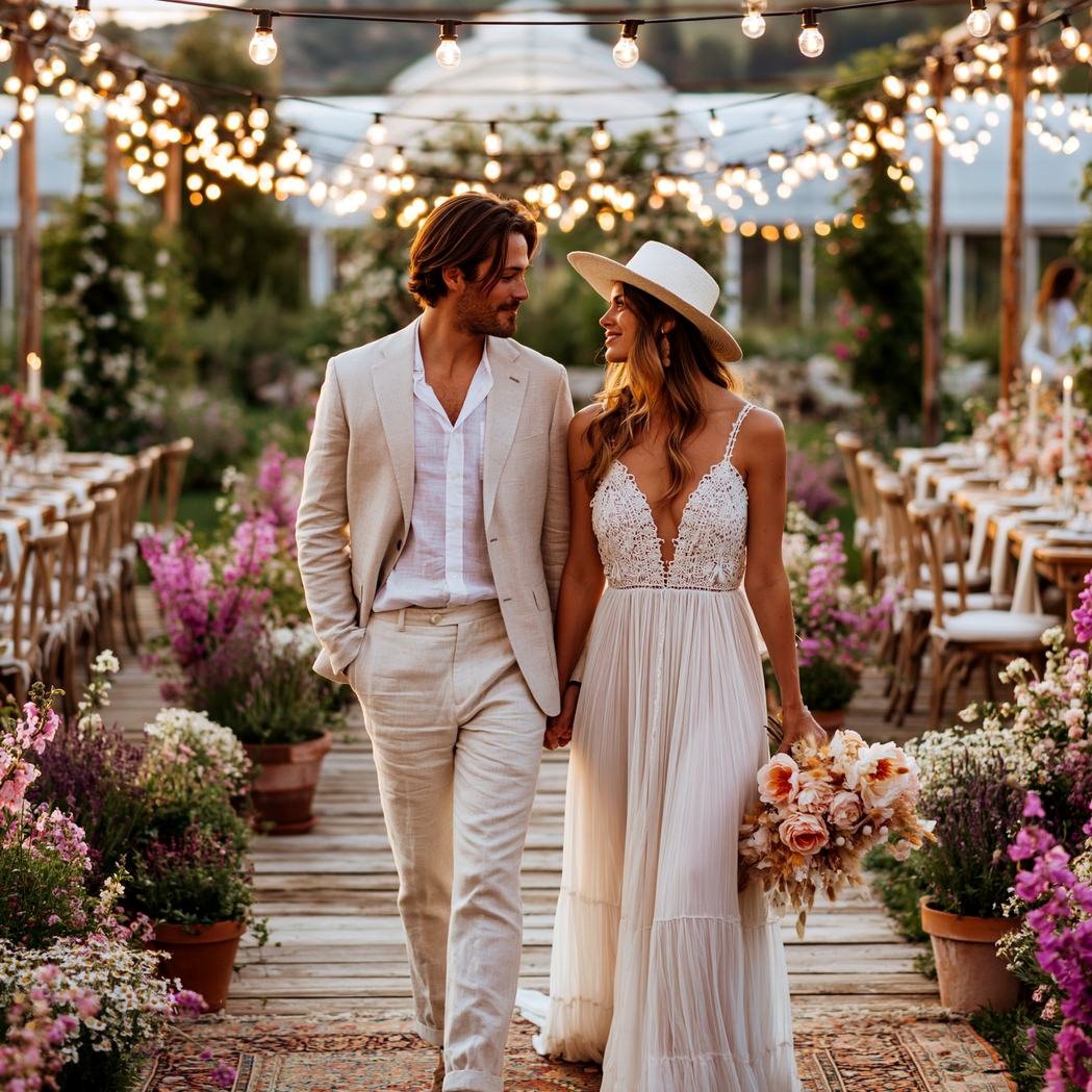 Bohemian Bride garden wedding couple