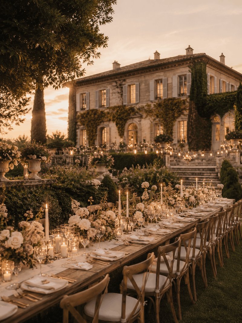 Destination wedding villa at golden hour